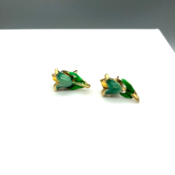 Tiny Blue Enamel Tulip Earrings, Floral Studs, Vintage Fashion on Gold Tone - Picture 2 of 5